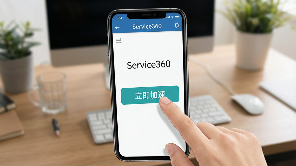 一张使用教程插图,主体为手机屏幕显示Service360界面,手指点击“立即加速”按钮,背景为室内桌面,布局自然,风格写实,画质清晰,干净无多余元素,图片中文字为“立即加速”