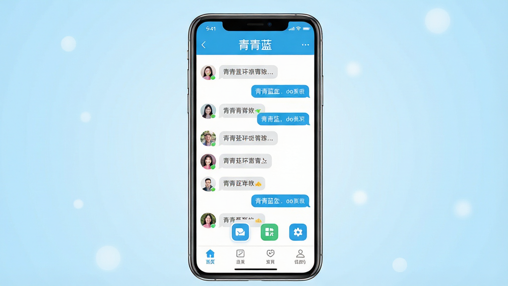 青青蓝软件主界面展示,主体为一部智能手机屏幕占据画面中央,屏幕内显示青青蓝应用的主界面,顶部有“青青蓝”字样,下方排列着整齐的对话列表与功能图标;布局采用居中对称,背景为浅蓝色渐变,风格清新简约,细节包括聊天气泡、联系人头像和底部导航栏;画质高清,色彩明快,整体干净无多余元素
