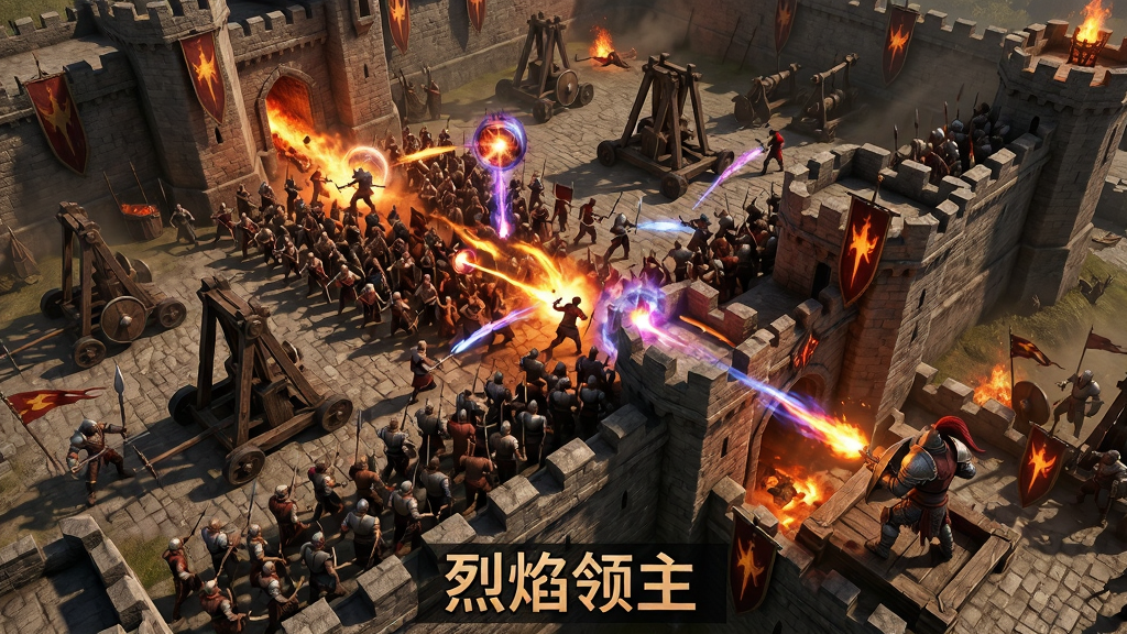 烈焰领主攻城战场景,主体为大量玩家在城墙下激战,布局采用俯瞰视角,排版宏大,风格为魔幻战争写实,细节包括攻城器械与技能特效,画质高清,干净无多余元素,文字标注“烈焰领主”