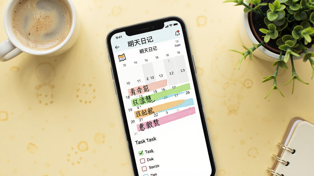 一幅展示智能手机屏幕上运行“明天日记”应用界面的高清图片,界面中包含日历视图、彩色日记条目和任务清单,背景为温馨的淡黄色书桌,摆放着咖啡杯和绿植,整体风格明亮整洁,采用俯拍角度,画质细腻,干净无多余元素