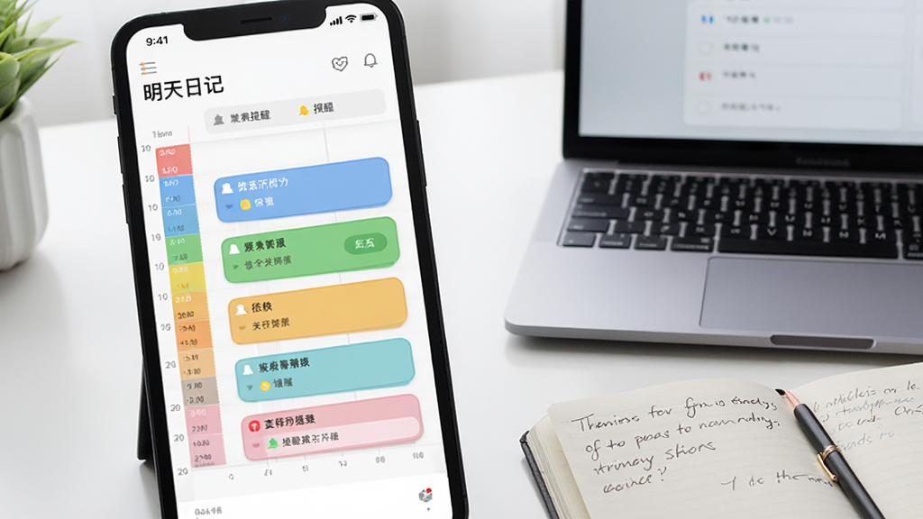 展示“明天日记”应用中的日程规划界面,屏幕上有彩色时间轴、任务卡片和提醒通知,旁边放着一台笔记本电脑和手写笔记,桌面整洁,光线柔和,采用平视角度,风格现代简约,画质清晰,干净无多余元素