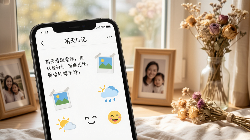 展示“明天日记”应用中的日记编辑页面,手机屏幕上显示有文字、照片图标、天气符号和心情表情,背景是卧室窗台,阳光洒落,摆放着相框和干花,风格文艺清新,采用近景拍摄,画质细腻,干净无多余元素
