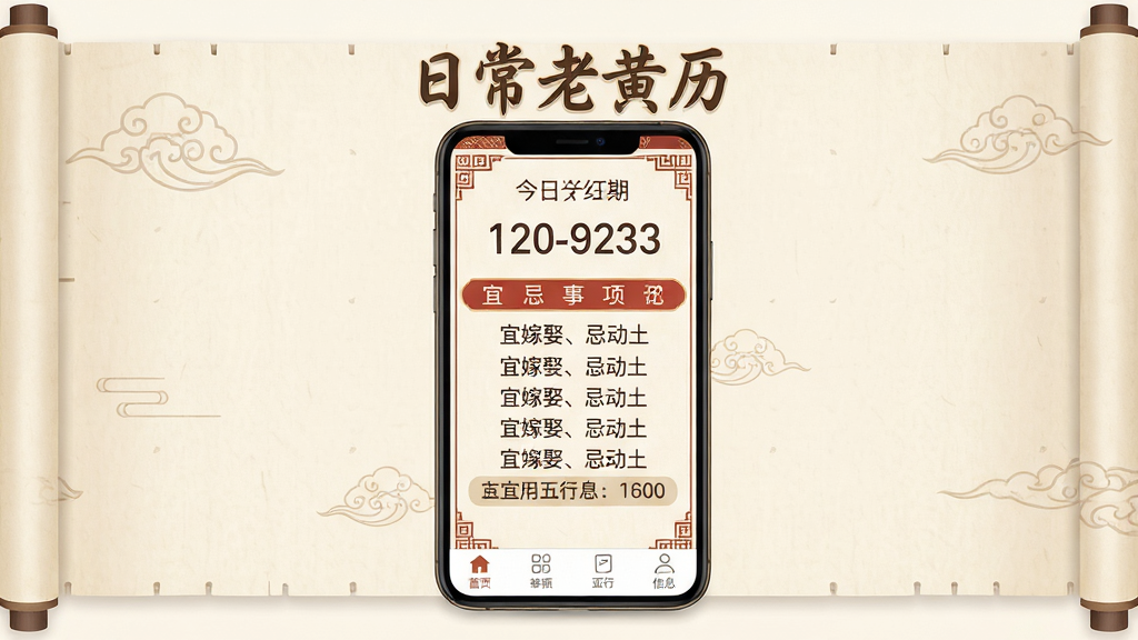 主体:一款名为“日常老黄历”的手机应用界面预览图,屏幕内清晰展示今日日期、宜忌事项与五行信息。布局:手机居中,屏幕内容朝向前方,界面顶部为日期大字,中部为“宜嫁娶、忌动土”等条目,底部为简洁导航栏。排版:画面干净,突出应用界面,背景为柔和的浅米色,模拟书卷质感。风格:扁平化设计,结合传统中国风元素,如祥云、边框纹样。细节:应用名称“日常老黄历”以艺术字形式呈现在屏幕上方,界面文字清晰可读。画质:高清渲染,干净,无多余元素。