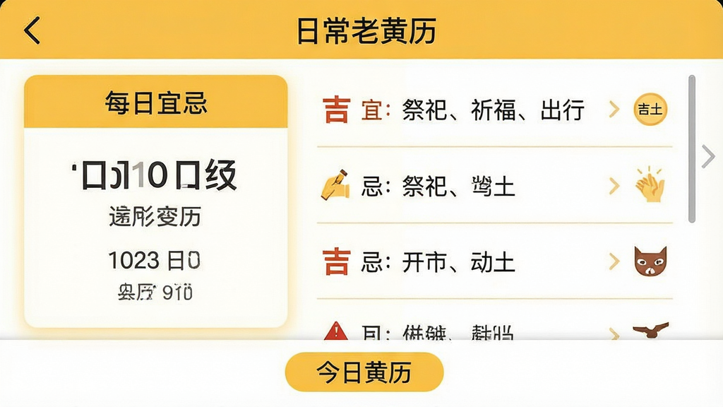 主体:一张展示“日常老黄历”应用内“每日宜忌”功能模块的截图。布局:左侧为日期与农历信息,右侧为滚动列表,列出“宜:祭祀、祈福、出行”,“忌:开市、动土”等条目,每条旁有简短的吉凶图标。排版:信息层级分明,条目之间用细线分隔。风格:简洁现代,配色以暖黄与白色为主。细节:屏幕顶部有“日常老黄历”字样,底部有“今日黄历”功能标签高亮。画质:高清,干净,无多余元素。