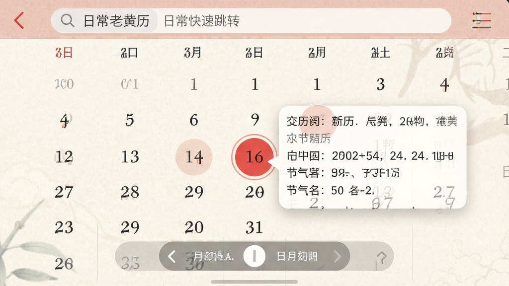 主体:展示“日常老黄历”万年历界面的手机截图,背景为当月日历网格,其中某一天被选中并弹出详情气泡。布局:日历以月视图展示,当前日期用红色圆圈高亮,底部有横滑切换月份的指示条。排版:日历数字清晰,详情气泡内包含农历日期与节气名。风格:清新淡雅,符合传统审美。细节:画面顶部搜索栏写着“日常老黄历”,可输入日期快速跳转。画质:高清,干净,无多余元素。