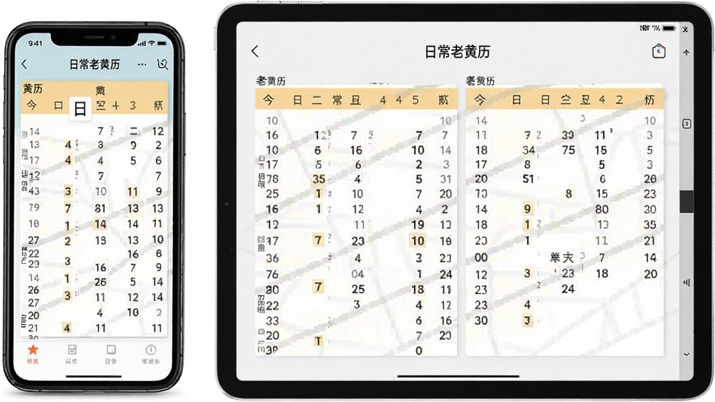 主体:展示“日常老黄历”在手机与平板上的不同适配界面,左侧为手机竖屏显示,右侧为平板横屏显示,均保持良好排版。布局:手机与平板并排,屏幕内均显示今日黄历详情。排版:对比展示响应式设计效果。风格:现代简约,体现跨设备一致性。细节:屏幕中应用名称“日常老黄历”清晰可见。画质:高清渲染,干净,无多余元素。