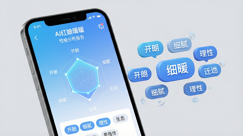 主体:手机屏幕特写,屏幕上显示“AI红娘暖暖”的性格分析报告界面,包含雷达图和各种性格标签。布局:手机位于画面中央偏左,右侧是悬浮的3D立体性格标签云,如“开朗”、“细腻”、“理性”等。排版:界面UI设计扁平化,色彩以清新的蓝白渐变为主,标签云字体清晰。风格:科技感与未来感,背景为浅灰色纯色,突出手机主体。细节:雷达图线条发光,标签云有轻微浮动动画感。画质:高清渲染,画面干净,无多余元素。