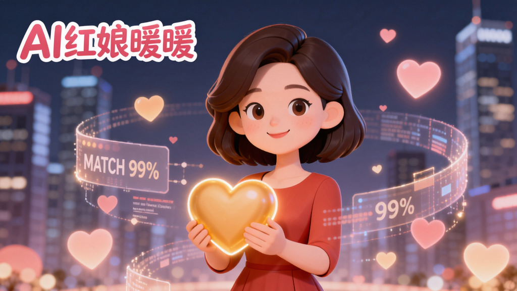 主体:一个温暖、时尚的年轻女性卡通形象,她身穿红色连衣裙,面带亲切微笑,手中拿着一个发光的金色爱心。布局:她站在画面中央,周围环绕着半透明的AI数据流和心形光点,背景是模糊的现代城市夜景。排版:画面左上角有“AI红娘暖暖”的粉色艺术字LOGO。风格:扁平化与微拟物结合,色彩明亮柔和,主色调为暖红与淡粉,营造温馨科技感。细节:数据流上隐约可见“MATCH 99%”字样,心形光点有柔光效果。画质:4K高清,画面干净,无多余元素。