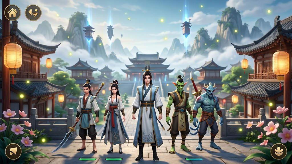 ���壺��Ϸ���ǽ��棬��ɫ����Ľ���Ⱥ������Ʈ������⣬һλ����װ��������뼸λ�������վ���ڻ������롣���֣�����ȫ����Ϊ��������������ǰ���ƽ�ָ�㣬UIͼ����ֲ��ڽ��䡣�Ű棺�����η�����Զ�����������Ƶ�ɽ�ͣ������о��µĵ����뻨�ݡ���񣺹���ˮī��дʵ3D��ϣ�ɫ�����ޣ���Ӱ��͡�ϸ�ڣ���ɫ����������������������������������Ư����ө����Ĺ�㡣���ʣ�8k�����壬ϸ��ɾ����޶���Ԫ�ء�