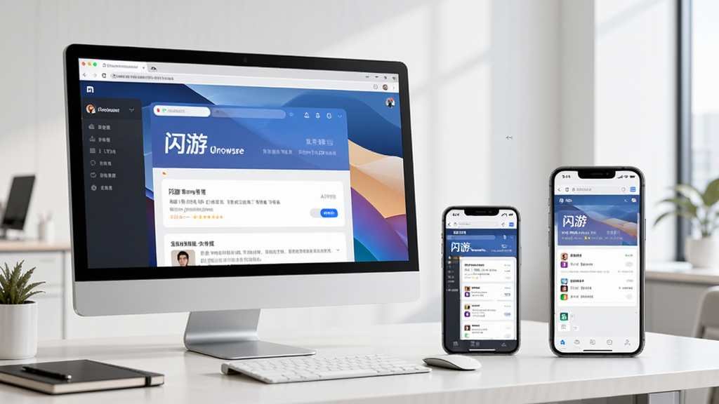 一张展示用户在不同设备(电脑、手机)上使用闪游浏览器的场景图,电脑屏幕和手机屏幕均显示闪游浏览器界面,画面干净明亮,背景为现代简约的办公环境,强调多端协同与便捷操作,画质清晰,无多余元素。