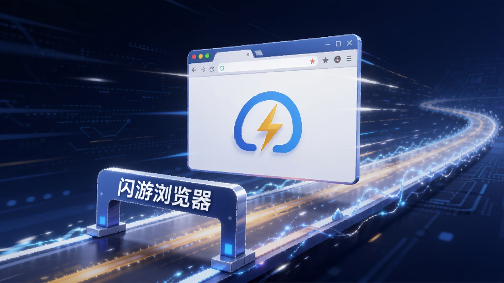 一幅体现闪游浏览器极速性能的3D渲染图,画面主体是一个抽象的光速赛道,浏览器窗口悬浮于赛道上,周围有速度线划过,背景为深蓝色科技感渐变,赛道起点有“闪游浏览器”字样,画面动感十足,强调快如闪电的加载速度,画质细腻,无多余元素。