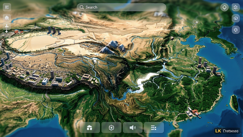主体:三维山河全景地图软件界面,展示逼真的三维地形与高清卫星影像。布局:中央为立体山脉与河流,周围环绕城市建筑与植被,界面顶部有搜索栏,底部有功能按钮。排版:界面清晰,图层叠加,立体感强。风格:写实科技风,色彩鲜明,光影自然。细节:山脉纹理清晰,河流反射阳光,建筑模型精致,UI元素半透明。画质:8k超高清,画面干净,无多余元素。