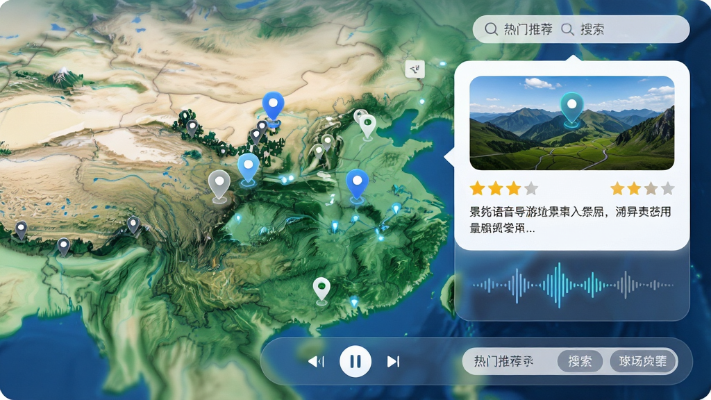 主体:三维山河全景地图的智能语音导游功能界面。布局:左侧为地图与景点标记,右侧弹出景点介绍卡片,底部有语音播放控制条。排版:信息分层展示,卡片圆角设计。风格:现代简约,科技感强。细节:景点卡片包含图片、评分与简介,语音波形动画显示,搜索框有热门推荐词。画质:清晰明亮,界面干净,无多余元素。