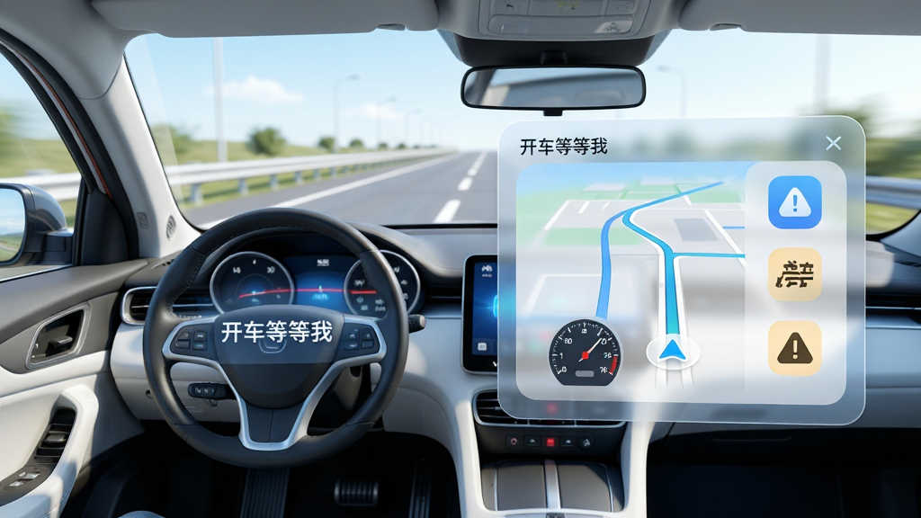 主体:一辆汽车在清晰明亮的公路上行驶,驾驶座旁有一个虚拟的智能助手界面,上面显示“开车等等我”字样。布局:左侧为汽车内部视角,右侧悬浮半透明的应用界面,展示路况信息和提醒图标。排版:界面简洁现代,图标圆润,文字清晰。风格:清新科技风,色彩明亮,蓝色与白色为主色调。细节:界面上的导航地图、速度表、疲劳提醒图标清晰可见,整体画面干净整洁。画质:高清渲染,光线自然,无多余元素。