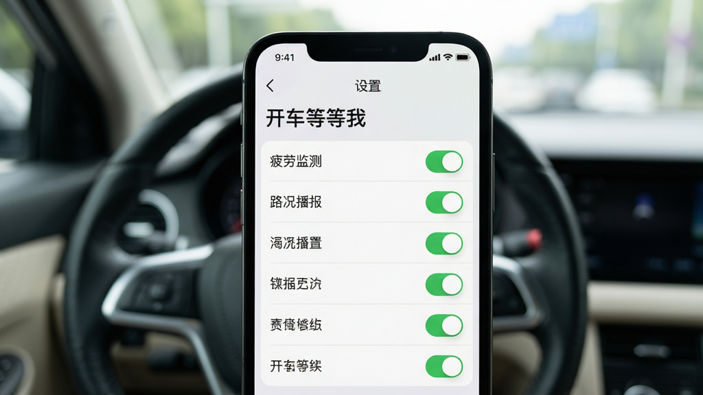 主体:手机屏幕显示“开车等等我”的设置界面,背景是模糊的驾驶室环境。布局:手机居中,屏幕上有功能开关列表,如“疲劳监测”、“路况播报”等。排版:列表清晰,开关状态明显。风格:简约现代,浅色背景,绿色开关。细节:屏幕上的文字“设置”和各项功能开关清晰可见。画质:高清,无多余元素。