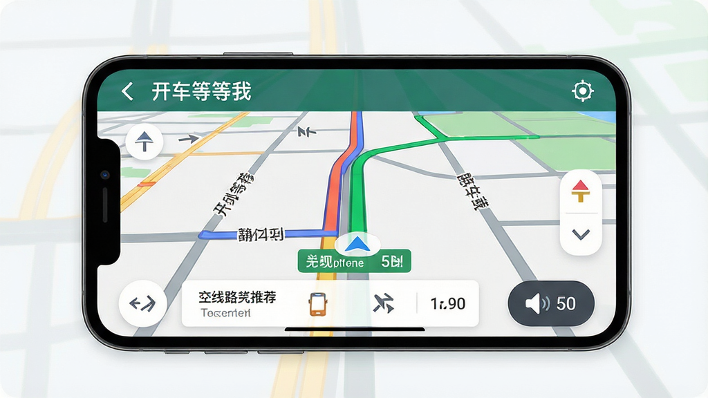 主体:智能手机横屏显示“开车等等我”的导航界面,地图上有彩色路况线条,前方道路通畅。布局:地图占据主要画面,底部有路线推荐卡片和语音播报图标。排版:地图标注清晰,路线高亮显示。风格:扁平化设计,色彩鲜明,绿色代表畅通。细节:地图上的道路名称、方向箭头、距离提示都清晰可辨,界面无遮挡。画质:高清矢量风格,画面干净整洁。