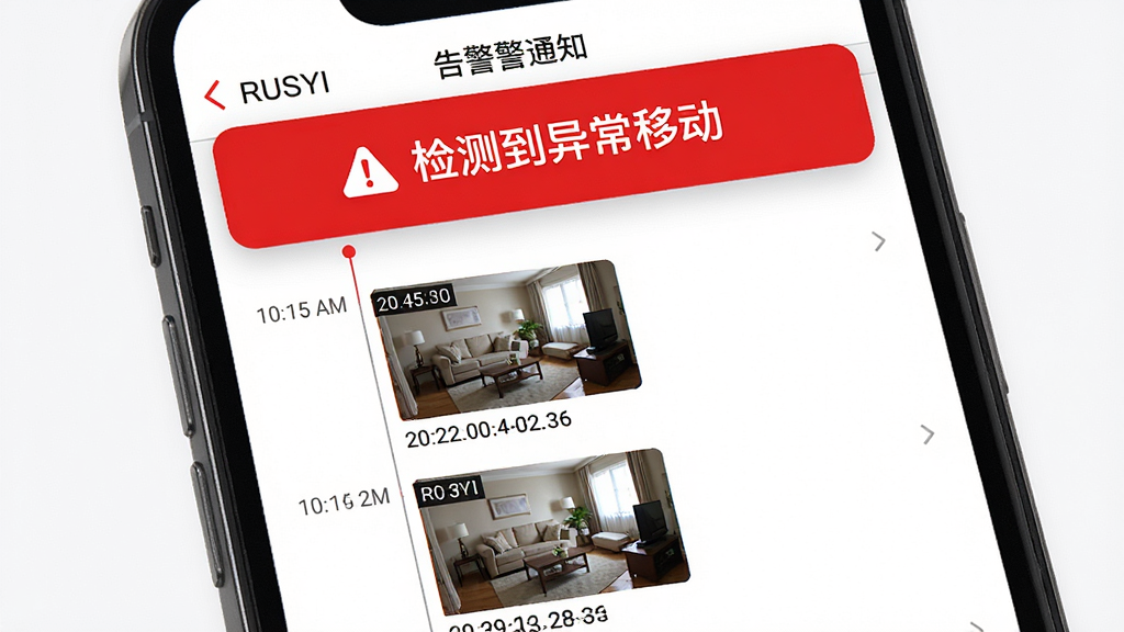 主体:RUSYI告警通知界面,手机顶部弹出红色告警横幅,下方为录像回放列表。布局:手机竖屏,上方横幅覆盖,下方列表显示时间轴与缩略图。排版:横幅醒目,列表为缩略图加文字描述。风格:警示风格,红色与白色搭配。细节:横幅文字“检测到异常移动”,缩略图显示客厅画面,时间戳清晰。画质:高清,画面干净。
