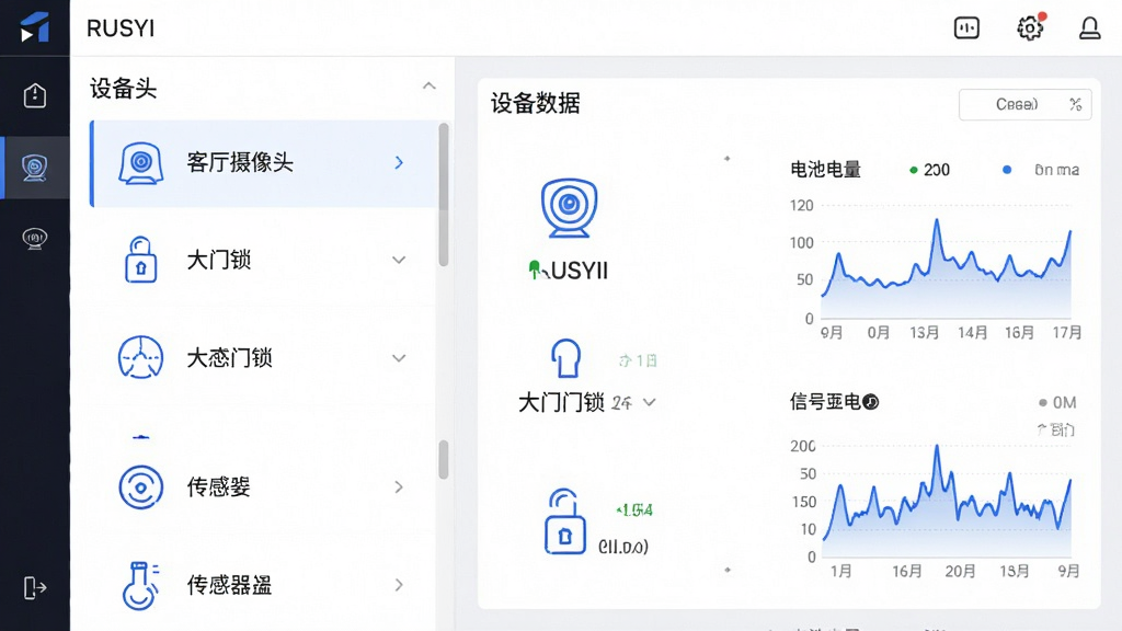 主体:RUSYI软件的多设备管理界面,左侧为设备列表,右侧为设备详情面板。布局:左右分栏,左侧列表滚动显示摄像头、门锁、传感器等图标,右侧显示选中设备的实时数据。排版:列表采用简洁的白色背景,图标为线性风格,右侧面板带图表。风格:商务简洁,蓝色点缀。细节:设备名称如“客厅摄像头”“大门门锁”清晰可见,数据区域显示电池电量和信号波形。画质:高清,界面干净无多余元素。