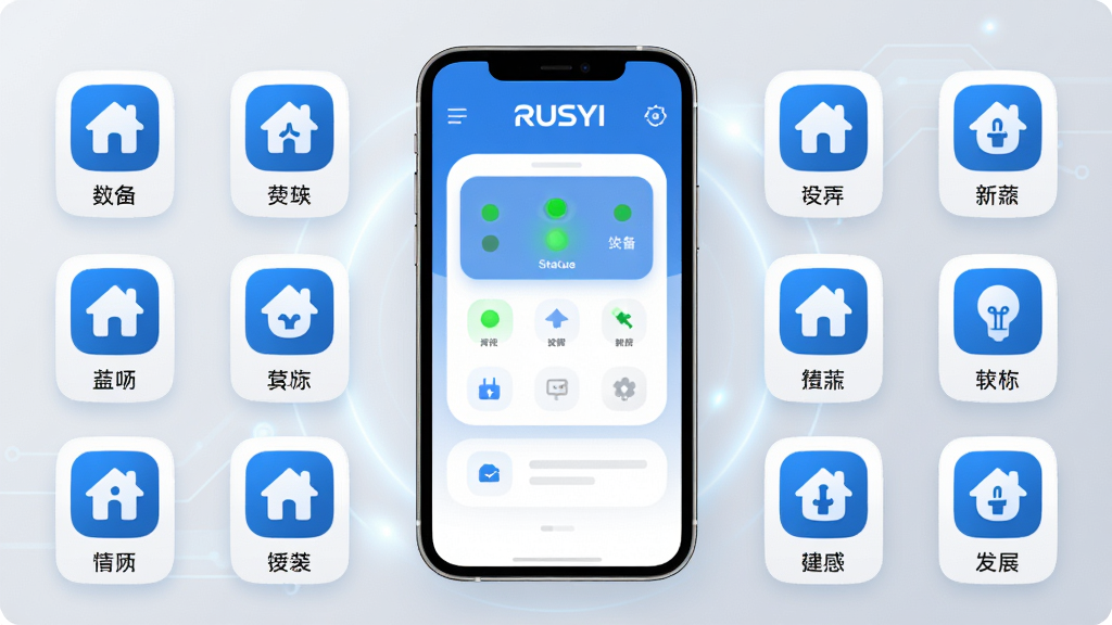 主体:RUSYI软件主界面展示,手机屏幕中央显示设备控制面板,周围环绕智能家居图标。布局:手机居中,背景为浅灰色科技感渐变,图标均匀分布。排版:界面采用卡片式布局,圆角设计,图标下方带有中文标签。风格:现代扁平化,色彩以蓝色和白色为主,简洁明亮。细节:屏幕显示“RUSYI”logo,设备状态灯为绿色,背景有轻微的光晕效果。画质:高清渲染,干净无多余元素。