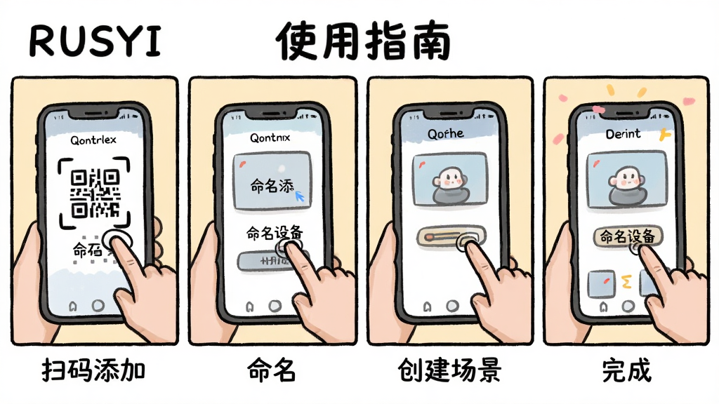 主体:RUSYI使用指南的步骤图示,分为四格漫画风格。布局:四格从左到右依次为扫码、命名、创建场景、完成。排版:每格下方有简短步骤说明。风格:手绘卡通风格,色彩柔和。细节:每格画有手机界面和操作手势,文字如“扫码添加”“命名设备”。画质:清晰,干净无多余元素。