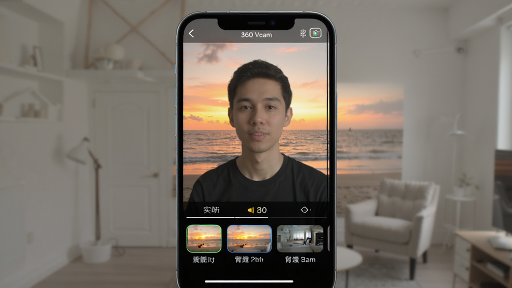 360 Vcam实时虚拟背景功能演示,人物站在普通房间中,手机屏幕显示人物背后已替换为海滩日落场景,人物边缘分割自然,界面下方有背景选择列表,科技感UI设计,高清画质,干净无多余元素