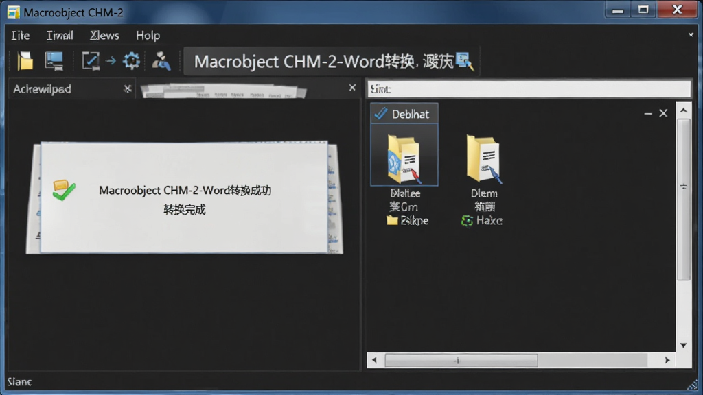展示Macrobject CHM-2-Word转换成功的界面,软件窗口显示“转换完成”提示,输出文件夹已打开,背景为深色,突出软件名称,画质清晰专业