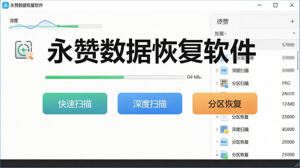 主体为永赞数据恢复软件的主界面展示图,画面中央是醒目的软件名称“永赞数据恢复软件”,下方排列着“快速扫描”、“深度扫描”、“分区恢复”等按钮,布局整洁清晰,风格现代简约,细节包括进度条与文件列表,画质高清干净,无多余元素