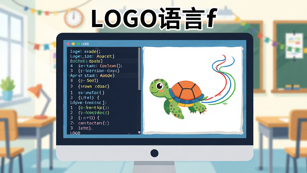 主体:电脑屏幕中一只彩色小海龟在画布上爬行,身后留下彩色线条轨迹,屏幕周围环绕着“LOGO语言f”字样和简单的LOGO命令代码块。布局:居中构图,电脑屏幕占主体,海龟与代码清晰可见,背景为明亮的教室或书房环境。排版:屏幕内左侧显示代码列表,右侧为绘图区,布局分明。风格:扁平化插画风格,色彩明快,适合教育氛围。细节:海龟造型可爱,线条轨迹为红蓝绿三色,代码文字清晰可读。画质:高清,干净,无多余元素。