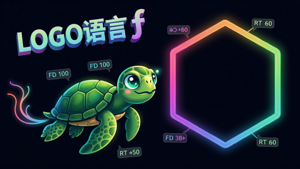 主体:一只绿色小海龟在深色背景上绘制一个彩色六边形,海龟身后拖着发光的线条,旁边有“LOGO语言f”的立体文字标识。布局:海龟位于画面中央偏左,六边形占据右侧空间,文字标识置于左上角。排版:代码命令以小标签形式悬浮在海龟周围,如“FD 100”、“RT 60”。风格:科技感插画,带有轻微的霓虹光效。细节:海龟眼睛明亮,线条颜色渐变,六边形边缘有光晕。画质:高清,干净,无多余元素。