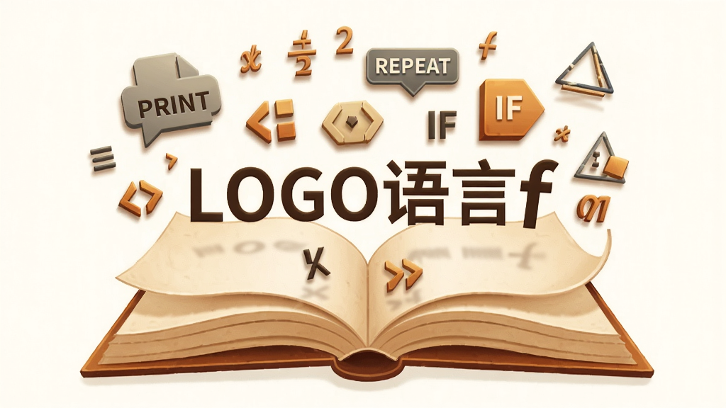 主体:一本打开的书本,书页上浮现出“LOGO语言f”的各类命令符号和函数图标,如“PRINT”、“REPEAT”、“IF”,周围有数学符号和几何图形。布局:书本居中,符号从书页中向上飘散,形成立体效果。排版:符号大小错落,有层次感。风格:教育风格插画,色调温暖。细节:书页有轻微卷曲,符号带有阴影。画质:高清,干净,无多余元素。
