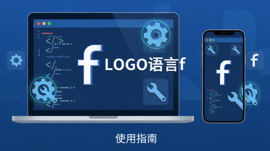 主体:一台笔记本电脑和一部手机并排摆放,屏幕上同时显示LOGO语言f的界面,周围有齿轮和工具图标,象征设置与优化。布局:左右对称,笔记本在左,手机在右,中间有“LOGO语言f”文字。排版:画面下方有简洁的“使用指南”小标题。风格:扁平化科技风,蓝色调。细节:屏幕上有简单的图形代码,齿轮图标带有发光效果。画质:高清,干净,无多余元素。