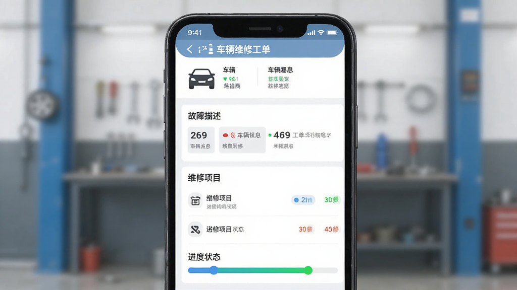 展示修配保软件内电子工单功能界面的预览图,主体为手机界面上的车辆维修工单详情页,布局从上到下依次为车辆基本信息、故障描述、维修项目列表与进度状态条,排版规整,风格为扁平化设计,细节突出状态高亮颜色,画质干净无多余元素。