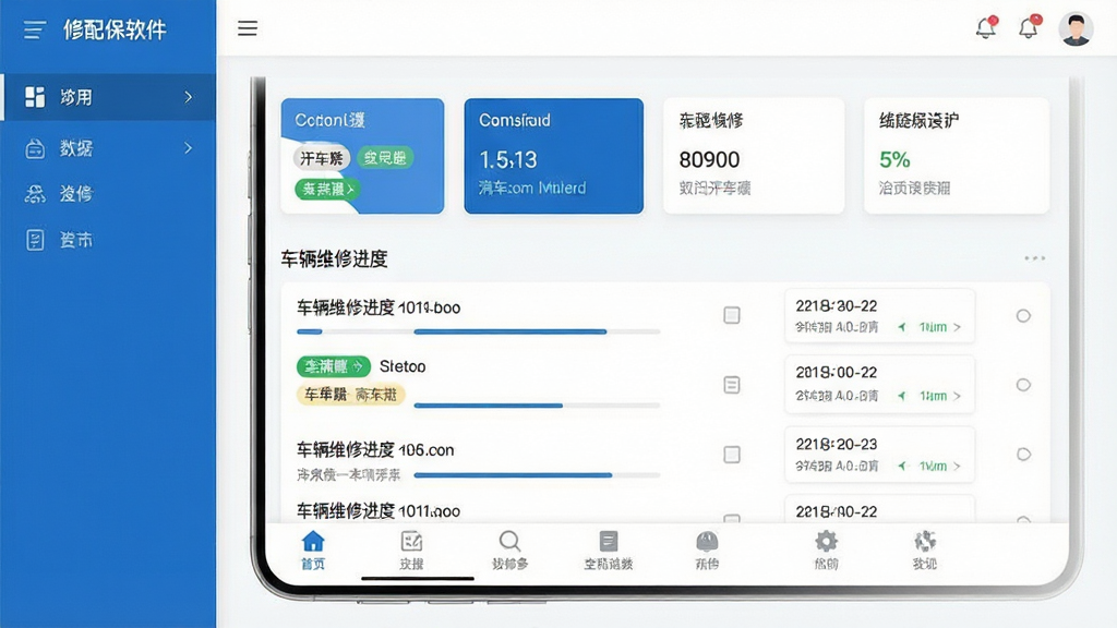 一张展示修配保软件核心界面的高清截图,主体为智能手机屏幕内呈现的汽车维修管理后台,布局包含顶部门店数据概览卡片、中部车辆维修进度列表以及底部功能导航栏,界面风格为简约商务蓝白配色,排版清晰有序,细节展示车辆状态标签与时间节点,画质细腻干净,无多余元素。