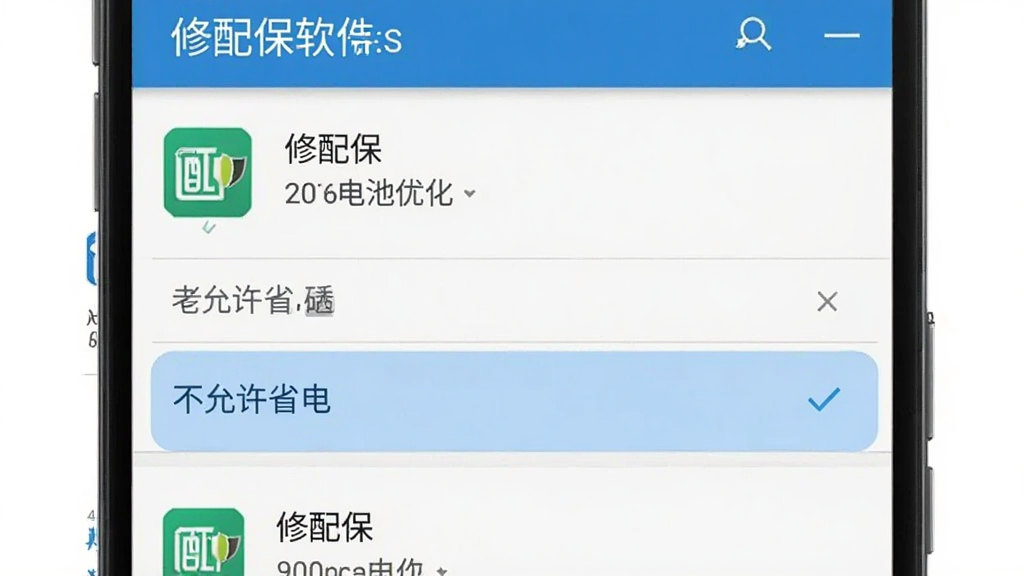 展示修配保软件在手机后台运行设置界面的示意图,主体为安卓手机系统设置中应用管理页面,布局清晰显示“修配保”应用的电池优化选项,排版简洁,风格为系统UI风格,细节高亮显示“不允许省电”选项,画质清晰干净。