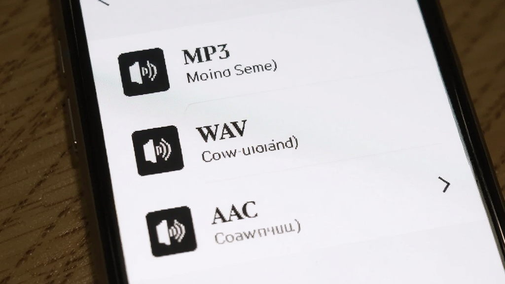 x录音机格式选择界面截图,手机屏幕展示音频格式选项列表,包括MP3、WAV、AAC,每个选项旁有音质描述图标,背景为白色简约风格,UI清晰,画质高清,干净无多余元素
