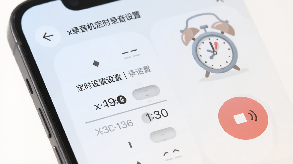 x录音机定时录音设置界面,手机屏幕显示时间设置滚轮,背景有闹钟图标和录音按钮,界面简洁明了,配色柔和,画质高清,干净无多余元素
