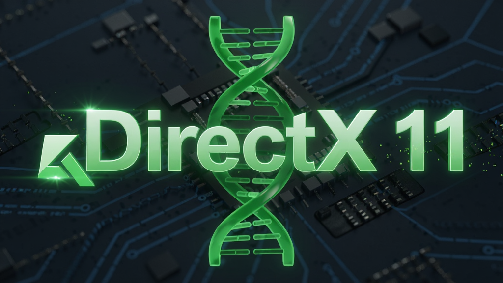 一张展示DirectX 11标志性绿色DNA双螺旋图标与现代科技感背景融合的主视觉图,主体为发光的DirectX 11字样,布局居中,排版简洁大气,风格为科技感3D渲染,细节包括光影反射与粒子效果,画质高清,干净无多余元素。