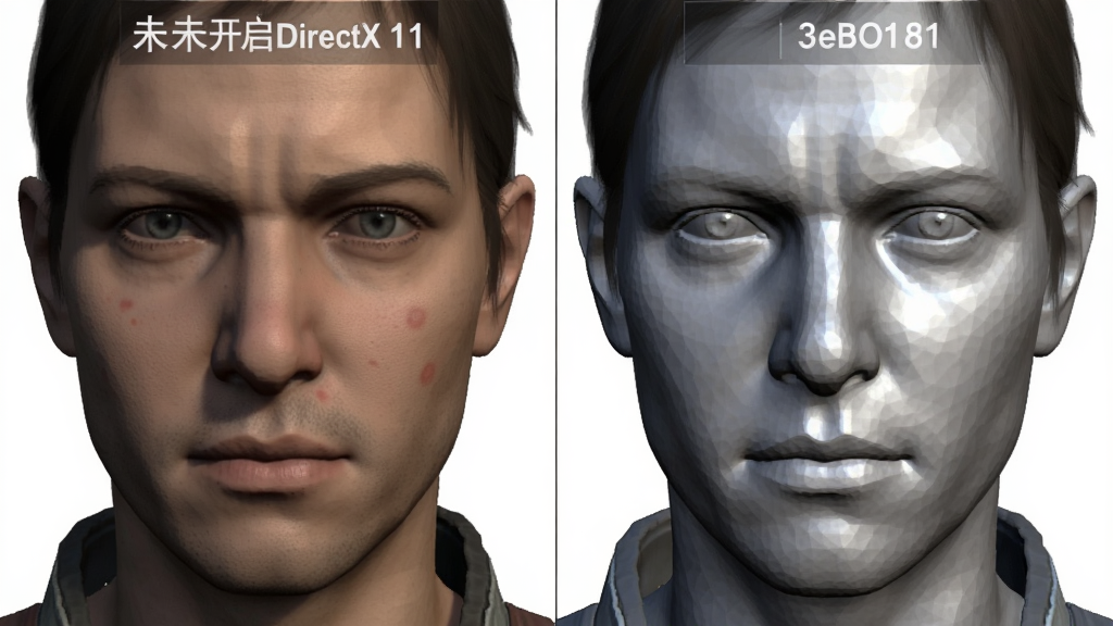 一幅对比图,左侧为未开启DirectX 11的粗糙模型,右侧为开启后精细的曲面细分模型,主体为游戏角色脸部特写,布局左右对比,排版清晰,风格为写实游戏渲染,细节展示皮肤纹理与光影,画质极高,干净无多余元素。