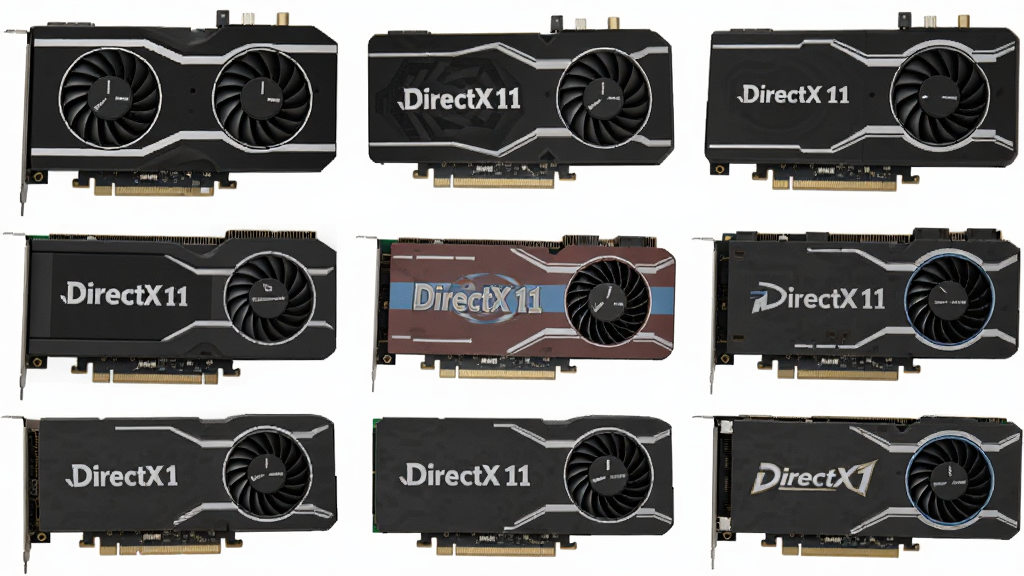 一张展示DirectX 11兼容多种显卡的示意图,主体为不同品牌型号的显卡排列,布局为网格展示,排版规整,风格为科技硬件摄影,细节包括散热鳍片与电路板纹理,画质清晰,干净无多余元素。
