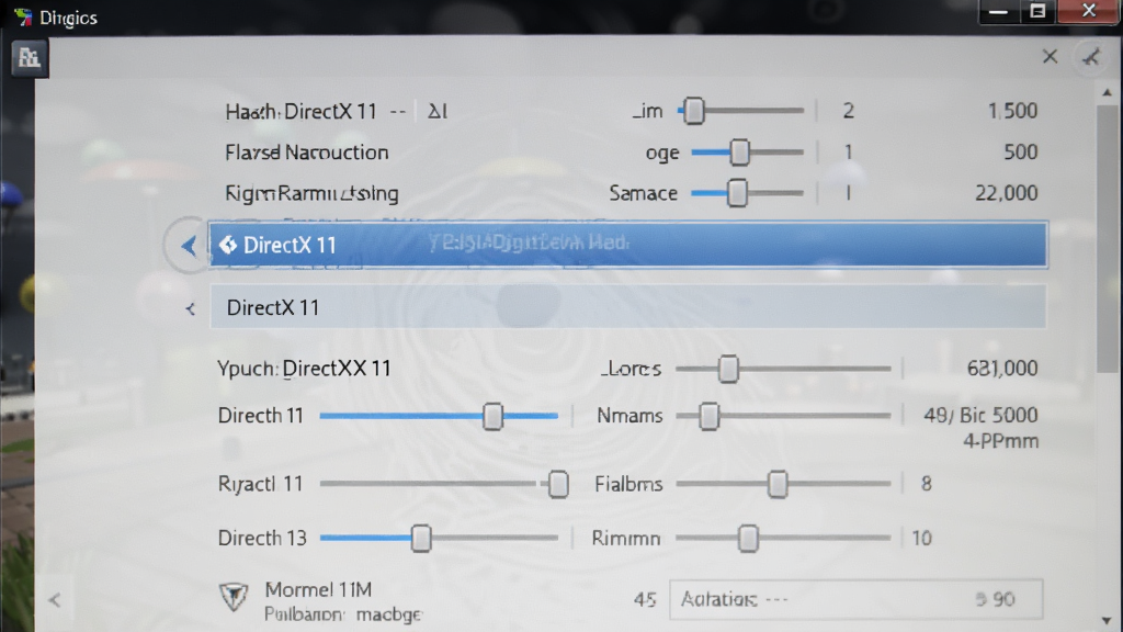 一张电脑屏幕显示游戏画质设置界面的截图,主体为DirectX 11选项高亮,布局居中,排版清晰,风格为写实屏幕截图,细节包括各种画质调节滑块,画质高清,干净无多余元素。