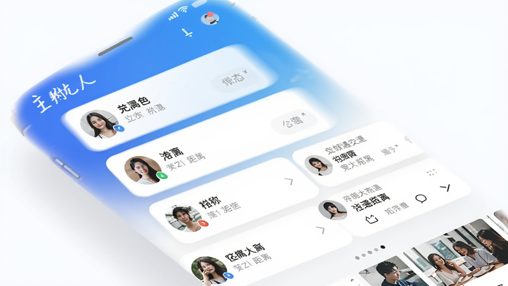 附近倾遇社交软件主界面预览图,展示附近的人列表和动态信息流,整体布局简洁明快,采用蓝白渐变主色调,卡片式设计,配图清晰展示用户头像、昵称和距离,风格现代时尚,UI界面高清渲染,干净无多余元素