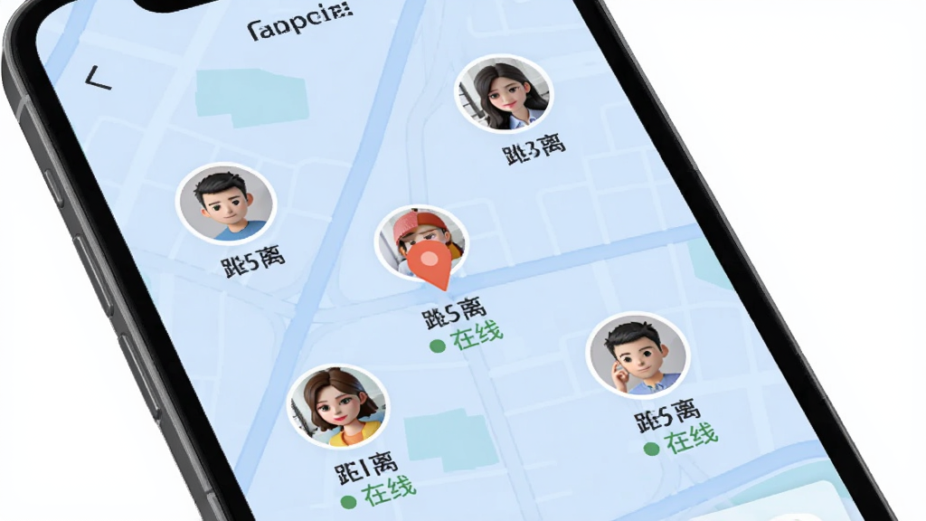 附近倾遇附近人推荐功能展示图,手机屏幕显示地图模式,周围分布着多个用户头像图标,每个头像下方标注距离和在线状态,背景为淡蓝色地图风格,界面清晰直观,突出精准定位和附近推荐的核心功能,画质高清,无多余元素