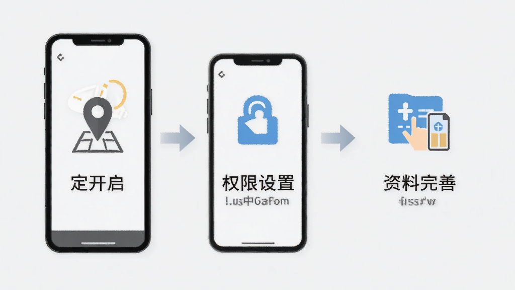 附近倾遇使用教程示意图,展示手机操作步骤,包含定位开启、权限设置、资料完善等流程,画面以简洁的图标和文字说明为主,背景为浅灰色,风格扁平化,高清画质,无多余元素