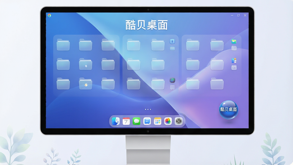 主体:酷贝桌面软件界面展示,一台现代简约的电脑显示器上显示整理后的桌面,图标分类排列,壁纸清新自然。布局:显示器居中,桌面壁纸为渐变蓝紫色,图标按区域划分,右下角有酷贝桌面悬浮球。排版:屏幕上端显示“酷贝桌面”字样,下端有功能dock栏。风格:科技感、扁平化、高清晰。细节:图标边缘圆润,文件夹半透明,壁纸光影柔和。画质:8k超清,干净,无多余元素。