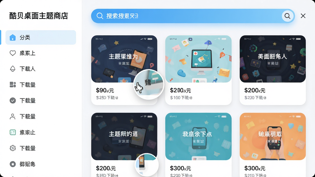 主体:酷贝桌面主题商店界面截图,左侧为分类列表,右侧为主题卡片墙。布局:界面扁平化,卡片式排列,每个卡片显示主题缩略图和下载量。风格:简洁清新,配色明亮。细节:卡片圆角,鼠标悬停有放大效果,顶部搜索栏醒目。画质:高清,干净,无多余元素。