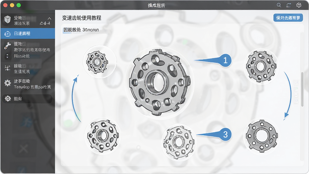 变速齿轮使用教程图解,主体为软件操作界面,布局清晰,风格教学,细节处标注步骤序号,画质干净,无多余元素
