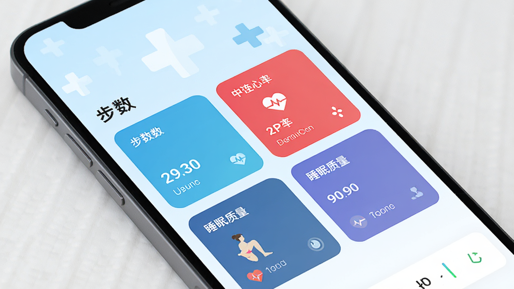爱连健康APP主界面,手机屏幕展示健康数据看板,包含步数、心率、睡眠质量等卡片,背景为淡蓝色医疗十字图标,整体风格现代简洁,扁平化设计,高清渲染,画质干净,无多余元素。