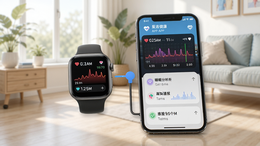 智能手表与手机连接,屏幕上显示爱连健康APP的体征数据同步界面,包括心率曲线、睡眠分析报告,背景为健康生活场景,光线明亮,细节丰富,4K画质,干净无杂物。