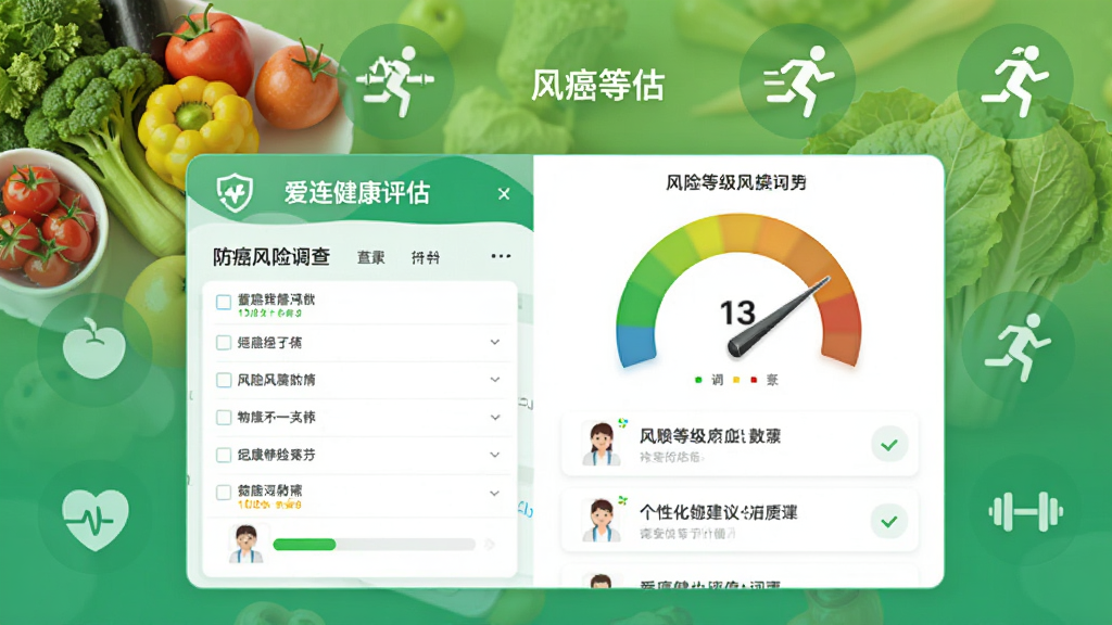 爱连健康APP的防癌风险评估页面,展示问卷调查、风险等级仪表盘和个性化建议列表,背景为健康蔬果与运动图标,设计专业,画面清晰,干净无多余元素。