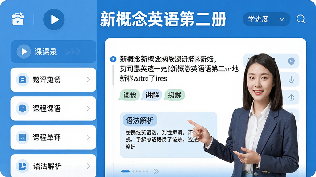 ���壺Ӣ����ʦ���¸���Ӣ��ڶ��ᣩ�������棬չʾ�γ��б���ѧϰ���ȣ����֣����γ�Ŀ¼���Ҳ�Ϊ���Ľ�������ϰ�����Ű棺��ˬ�Ŀ�Ƭʽ��ƣ�ͻ�����¸���Ӣ��ڶ��ᡱ����������ִ�������APP�����ɫ��ɫ����ϸ�ڣ��������Ű�ť�����ʱ�ע���﷨�����򣻻��ʣ����壬�ɾ����޶���Ԫ��